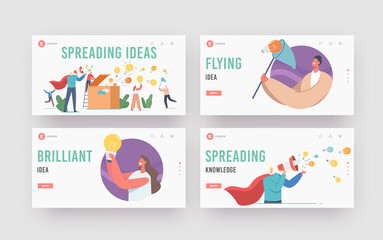 Wall Mural - Characters Spread Knowledge and Ideas Landing Page Template Set. Man Wear Red Superhero Cloak with Loudspeaker