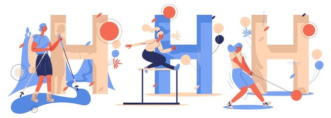 Capital letters H for hiking, hammer throw and hurdling. Woman characters training and active drawn in blue and orange. Sport concept illustration