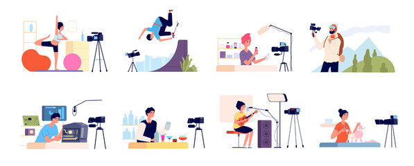 Wall Mural - Blogger characters. Bloggers review, blog beauty fashion occupations. Video vloggers, girl digital channel and flat influencer people utter vector scenes. Illustration beauty blog, blogger content,