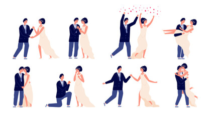 Wall Mural - Bride and groom. Wedding couple, engagement or marriage party. Wed celebrations, cartoon man woman dance in love and kiss utter vector characters. Illustration couple groom and bride wedding