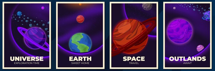 Sticker - planets banners. space poster, magazine cover with galaxy or universe. future exploring, cartoon pla