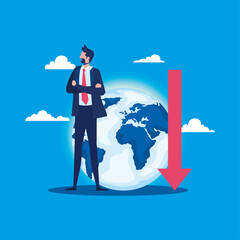 Poster - elegant businessman with earth planet and arrow down vector illustration design