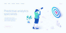 Predictive Analytics In Isometric Vector Illustration. Business Forecasting As Strategic Method Of Future Development. Woman Looking Through Telescope As Strategy Metaphor.