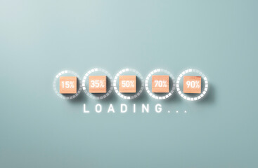 Loading percentage print screen on wooden cube block with blue background , Electronic download upload and business project progressive concept.