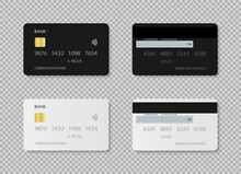 Credit Card. Debit Card. Design Of Template Plastic Card For Bank In Front And Back. Mockup With Chip For Payment. Realistic Set With White And Black Icons Isolated On Transparent Background. Vector
