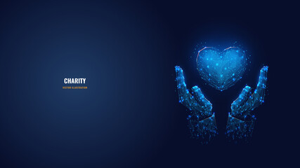 Digital vector 3d human hands holding heart symbol in dark blue. Charity, volunteering, social care concept. Abstract polygonal mesh wireframe with connected dots, lines, shapes looks like starry sky 