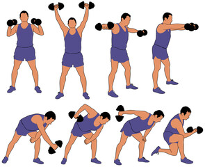 Wall Mural - Set of vector icons of man in costume working out with dumbbells. Colored silhouettes of boy doing fitness exercises with weights for muscles of arms.