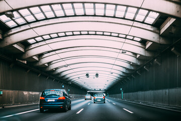 Speeding Cars Traffic Inside A Highway Urban Tunnel