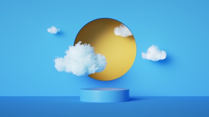 Wall Mural - 3d render, abstract blue background with white clouds and yellow round hole. Simple geometric showcase scene with empty podium stage for product presentation