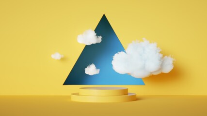 3d render, abstract sunny yellow background with white clouds fly inside blue triangle hole. Simple geometric showcase scene with empty stage for product presentation