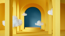 3d Render, Abstract Background With Clouds Flying Inside The Yellow Room With Blue Arch. Simple Geometric Showcase Scene With Empty Cylinder Podium For Product Presentation