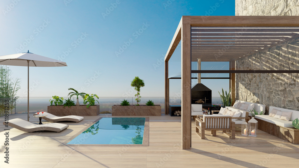 3D illustration of luxurious wooden teak deck with swimming pool. - obrazy, fototapety, plakaty 