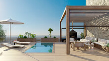 3D Illustration Of Luxurious Wooden Teak Deck With Swimming Pool.