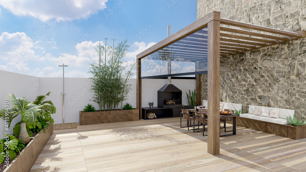 3D illustration of urban patio with wooden teak flooring. - obrazy, fototapety, plakaty 