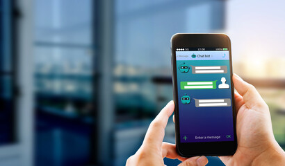 artificial intelligence,AI chat bot concept.close-up of man hands holding mobile phone with copy space