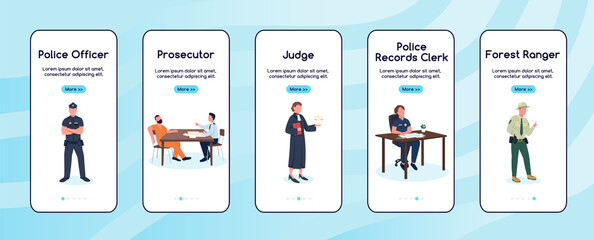 Wall Mural - justice and law workers onboarding mobile app screen flat vector template. jobs which help people. w