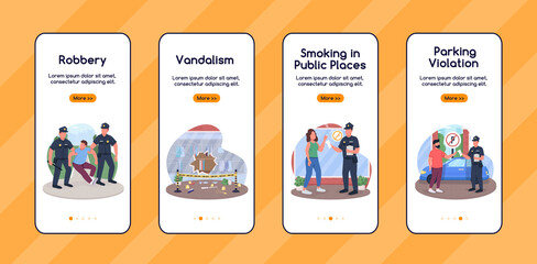 Wall Mural - breaking law onboarding mobile app screen flat vector template. types of crime. walkthrough website 