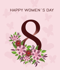 Poster - womens day flowers and 8 March typography letter on pink background