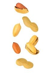 Wall Mural - Isolated nuts. Seven mix peanuts with and witout shell in the air isolate on white with clipping path as package design element. Full depth of field. Food levitation concept.