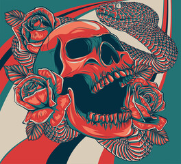 Canvas Print - skull with roses and snake vector illustration