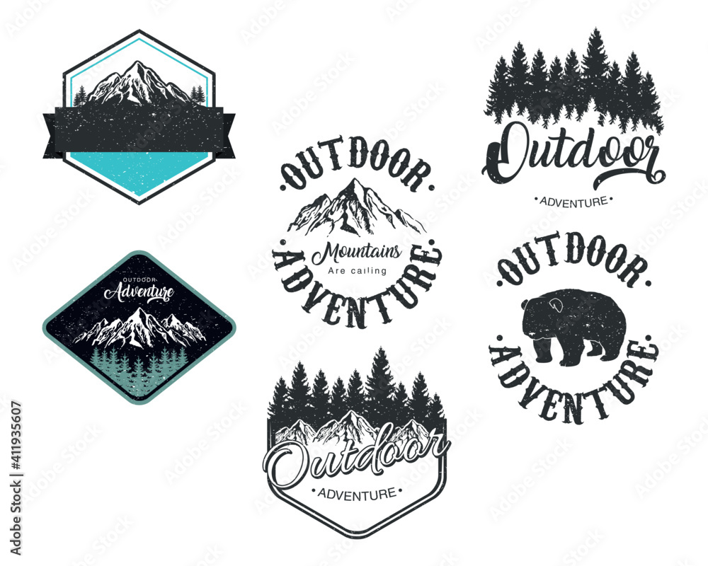 bundle of six outdoor adventure letterings emblems - obrazy, fototapety, plakaty 