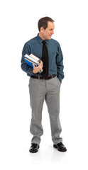 Wall Mural - Male Teacher Standing With Stack Of Books Looks To Side