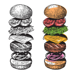 Wall Mural - Burger ingredients sketch. Hand drawn food vector illustration