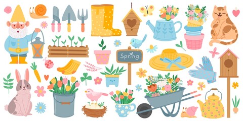 Spring elements. Blooming flower, cute animals and birds. Springtime garden decoration, birdhouse, tool and plants, drawn cartoon vector set. Wheelbarrow with tulips, leaves, boots