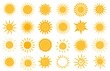 Cartoon sun icon. Flat and hand drawn summer symbols. Sunshine shape logo. Morning sun silhouettes and sunny day weather elements vector set. Bright orange sunlight with beams and rays