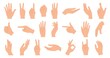 © Tartila - Hands poses. Female hand holding and pointing gestures, fingers crossed, fist, peace and thumb up. Cartoon human palms and wrist vector set. Communication or talking with emoji for messengers