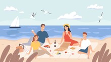 Picnic At Beach. Group Of Friends Chill And Eat Food On Sea Shore. Happy Men And Women Have Lunch Outdoor. Holiday On Seaside Vector Concept. People Drinking Wine, Tasting Pizza, Flying Seagulls