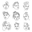 © Tartila - Female face line with flowers. Continuous lines art with woman minimalist portraits with bouquet in hairs. Fashion beauty logo vector set. Elegant art for countour tattoo and advertisement