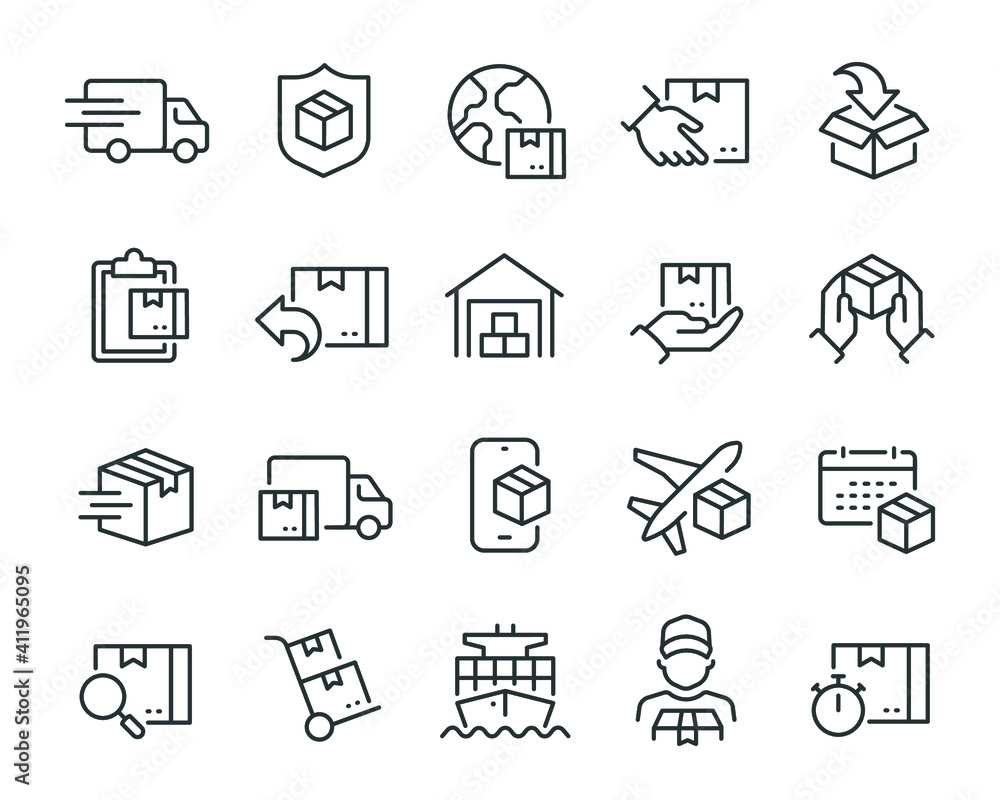 Delivery icons set. Collection of simple linear web icons such as Shipping By Sea Air, Delivery Date, Courier, Warehouse, Return Search Parcel, Fast Shipping and others Editable vector stroke. - obrazy, fototapety, plakaty 