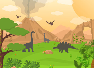 Wall Mural - Cartoon Color Dinosaurs and Landscape Scene Concept. Vector