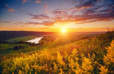 Wall Mural - incredible summer view of the sinuous dniestr river in sundown.