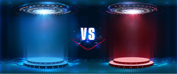 Fototapete - VS, Versus futuristic design. Battle headline template. Futuristic abstract technology background. Circle teleport with sparks on transparent background. Sci-fi concept design. Modern tournament.