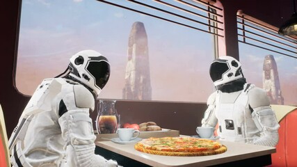 Canvas Print - exploration astronauts relax and discuss their space plans at a local diner on an alien planet. seam
