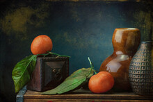 Tangerines On A Wooden Trunk With Vases