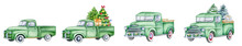 Christmas Green Vintage Pick Up With Christmas Tree And Gifts. Hand Painted Watercolor Illustration Isilated On White Background. Front, Side And Back View