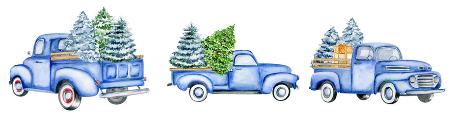 Christmas blue vintage pick up with christmas tree and gifts. Hand painted watercolor illustration isilated on white background. Side and back view