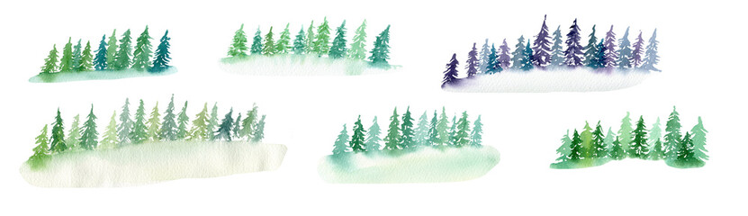 Watercolor abstract monochrome forest illustration. Horizontal border decoration. Landscape painting isolated on white background.