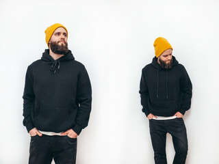 Collage of photos with handsome bearded hipster guy wearing black blank hoodie with space for your logo or design. Mockup for print. Hoodie design and advertising concept.