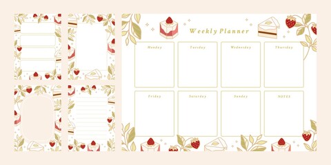 Set of weekly planner, daily to do list, notepad templates, school scheduler with hand drawn cake, floral, and strawberry elements