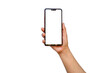© Arthon - The hand is holding the white screen, the mobile phone is isolated on a white background with the clipping path.