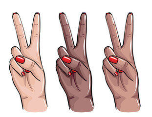 Peace sign nails hands art. Two fingers sign. Black women , latina and white women hand gesture,  red nail polish sketch,  beauty saon procedure . Vector