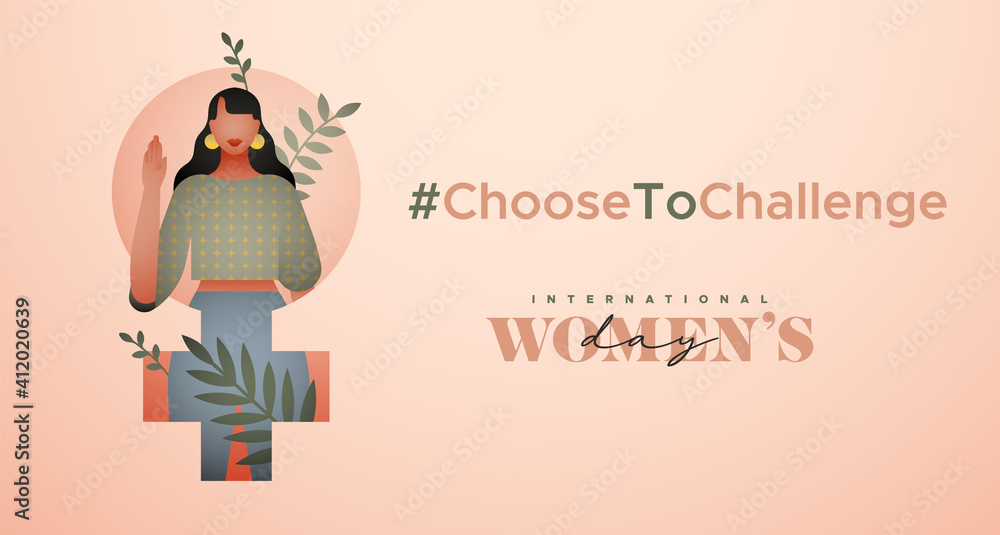 Women's Day choose to challenge tropical girl card - obrazy, fototapety, plakaty 