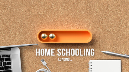 Wall Mural - stylized loading bar with text HOME SCHOOLING LOADING surrounded by a notebook, laptop and a pen on cork background
