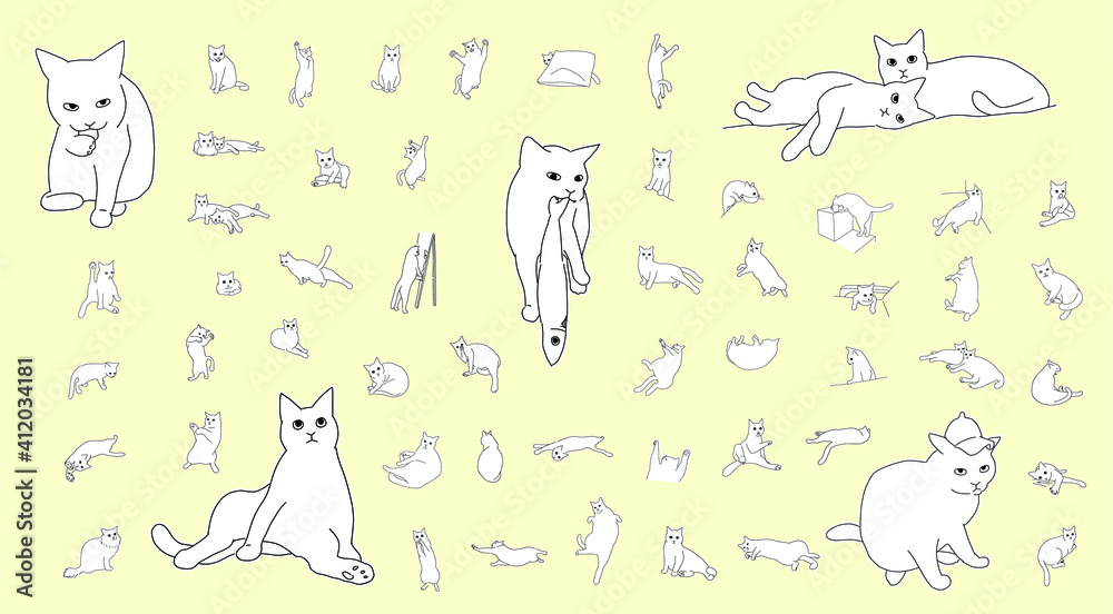 寝る 座る 遊ぶ たくさんのリアルな猫のしぐさ アウトラインのイラストセット Animal Wall Mural Anim 山尾 由美