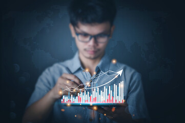 Wall Mural - Businessman hand show Stock chart showing rising stock sign with graph indicator. Interest rate financial and mortgage rates concept. Double Exposure Image.