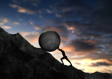 Businessman Pushing Concrete Big Stone Uphill. Man Push Hardly The Concrete Circle  Up To The Top Of Mountain. Conceptual Illustration Of Sisyphus 